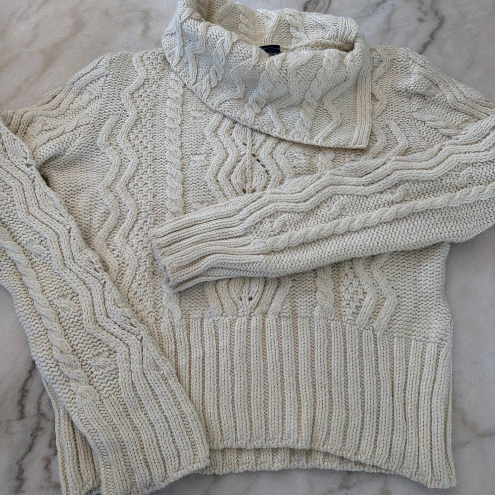 Paul James England Wool Fisherman Sweater Womens L Cable Knit Roll Neck Cream